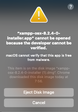macOSで「開発元を検証できないため開けません」と表示されたXAMPPのインストーラーの警告