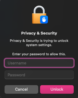 設定の変更を許可するため、ユーザー名とパスワードを入力する画面