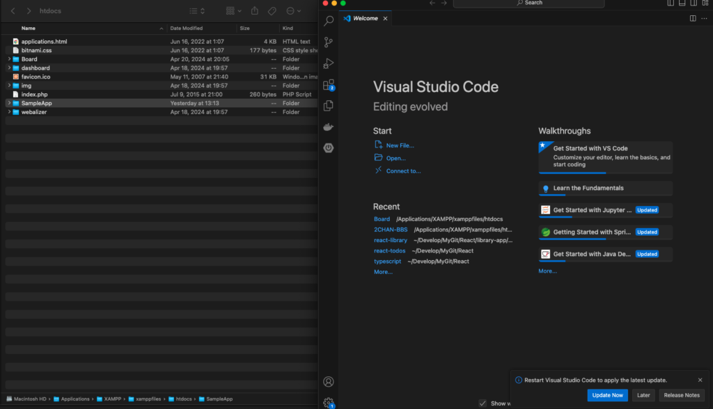 htdocsのSampleAppフォルダーをVSCodeにドラッグ&ドロップして開く