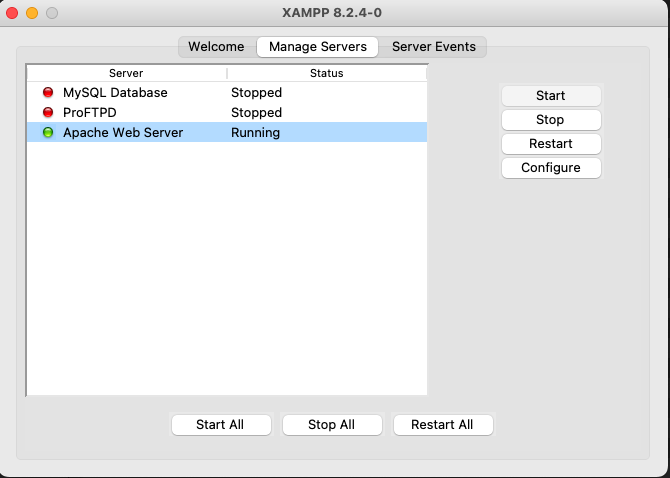 XAMPPの「Manage Servers」でApache Web ServerがRunningになった画面