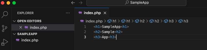 VSCodeでSampleAppの中にindex.phpを作り、見出しのHTMLを書いた画面