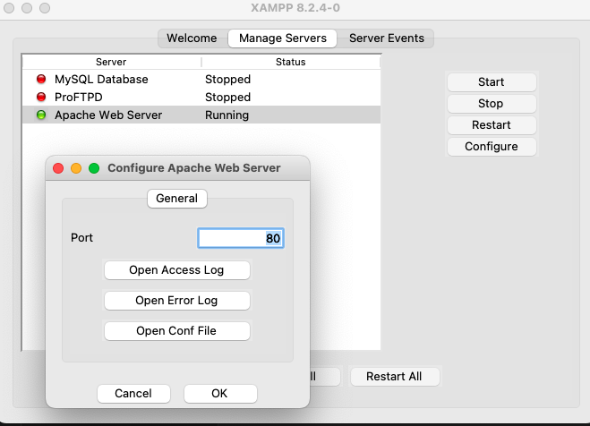Apache Web Serverの「Configure」画面。Portは80