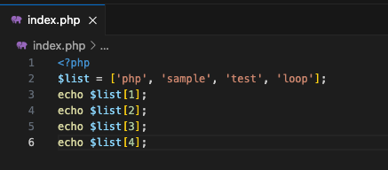 VSCodeで配列$listを定義し、要素を1つずつechoするPHPのコード