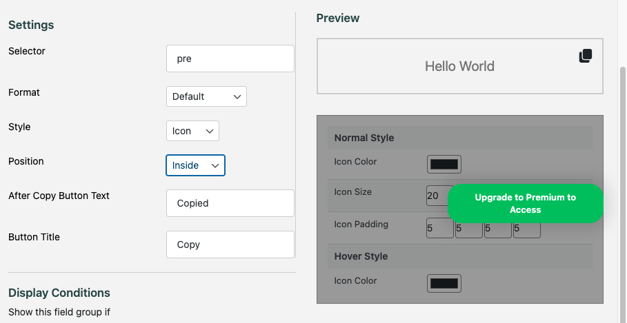 StyleをIcon、PositionをInsideにした設定画面。色やサイズの設定は「Upgrade to Premium to Access」と表示される